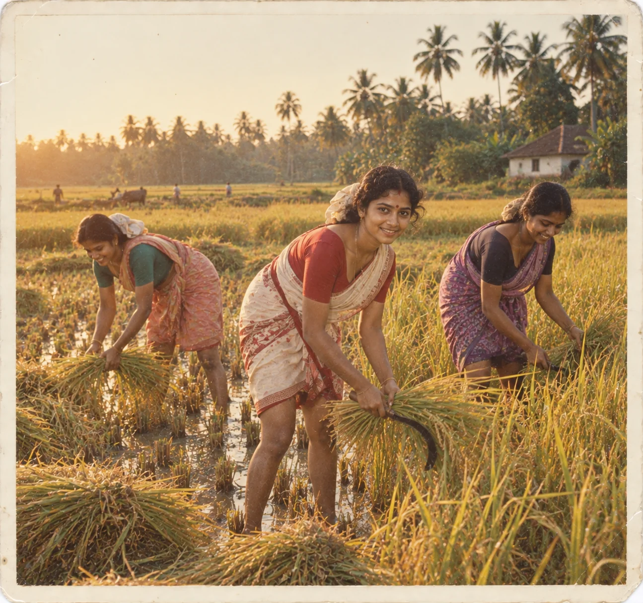 1980s Kerala paddy field harvest AI prompt — women in cotton sarees harvesting rice in golden afternoon light with long shadows across paddy field