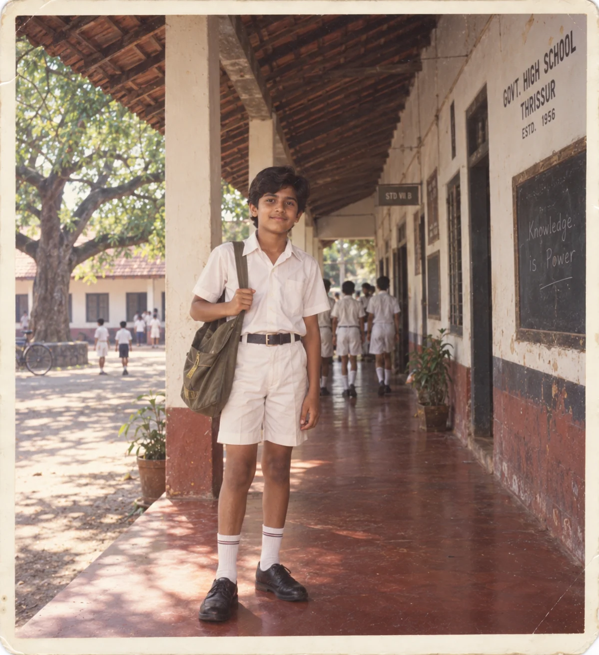 1980s Kerala school compound portrait AI prompt — boy in white uniform standing in shaded corridor with Mangalore tile roof and open Kerala school compound