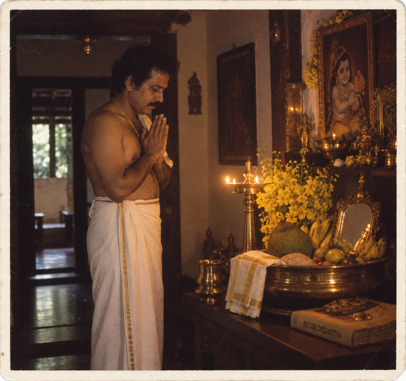 1980s Kerala Vishu morning ritual AI prompt — man in white mundu standing before Vishukkani brass items with kani flowers and fruits in early morning light