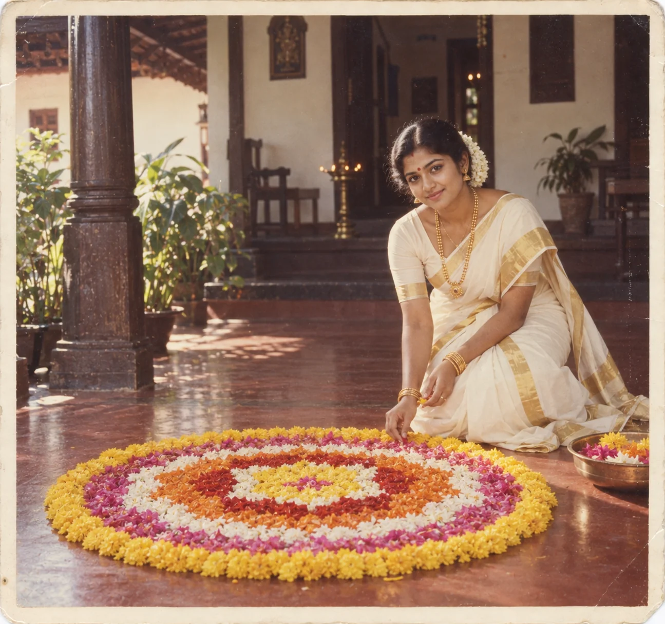 1980s Kerala Onam pookkalam AI prompt — woman in kasavu saree kneeling to arrange flower rangoli on laterite floor in front of nalukettu home