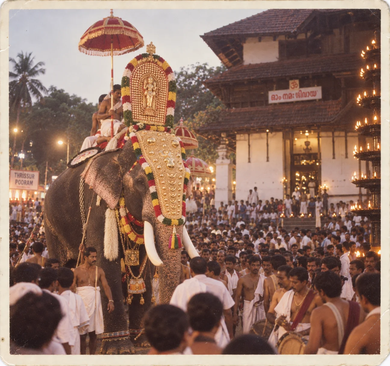 1980s Kerala Thrissur Pooram crowd AI prompt — caparisoned elephant in festive procession with parasols and crowd in white mundu