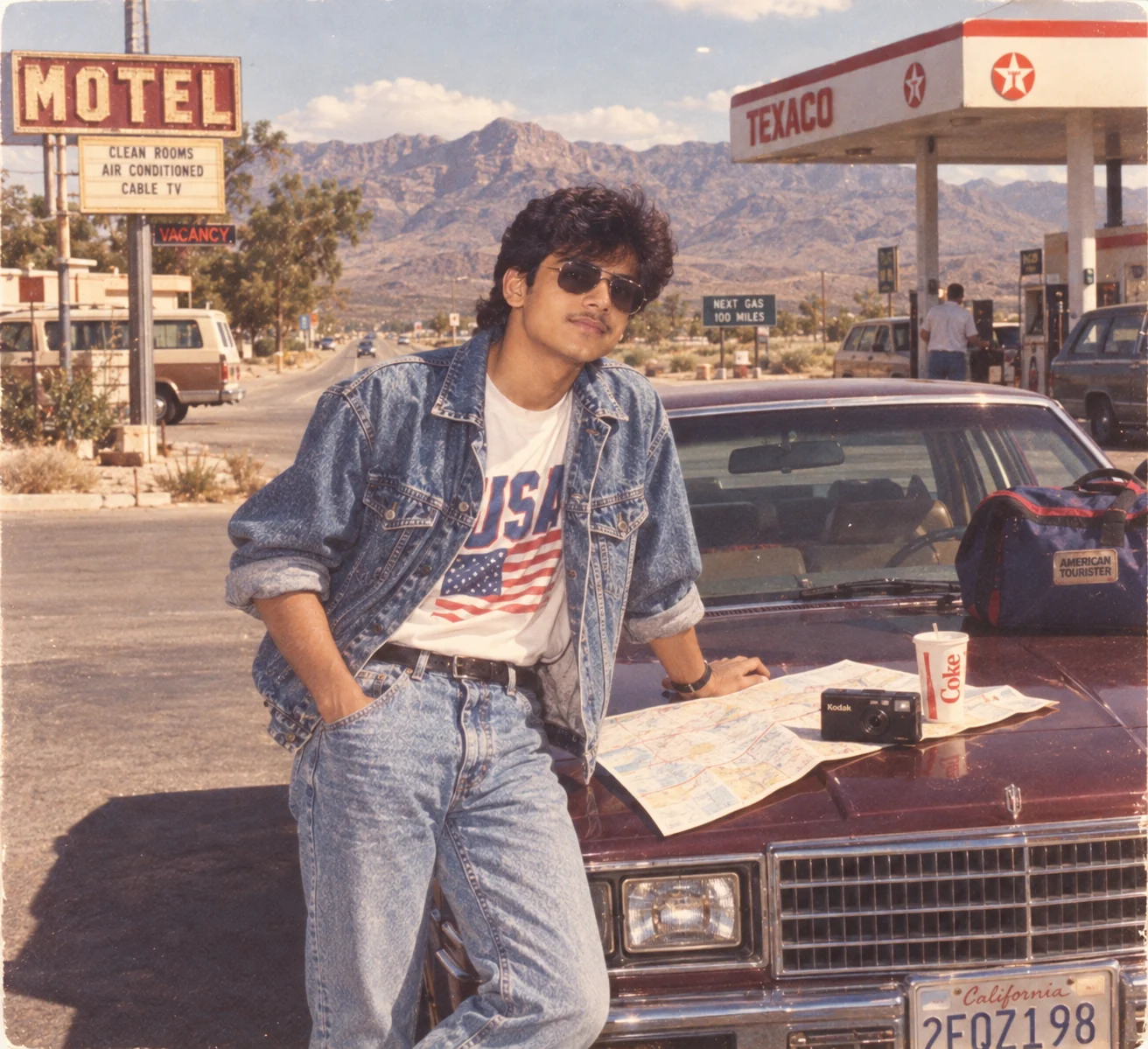 Nostalgic 1980s American road trip photograph with vintage car and analog film aesthetic