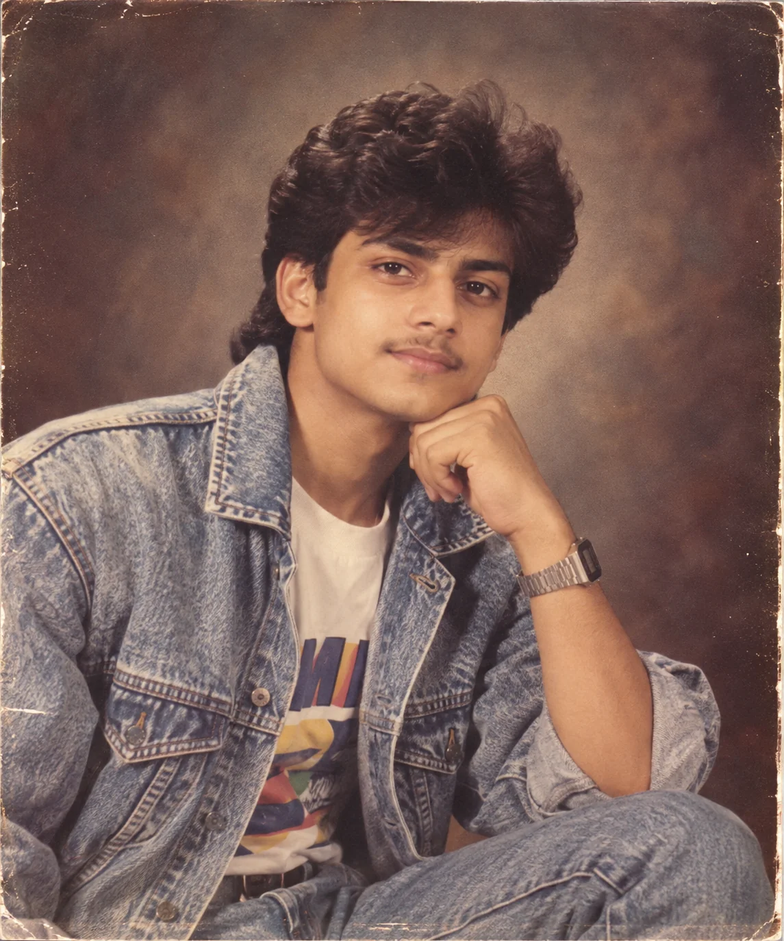 Classic 1980s studio portrait recreated with AI using vintage lighting and analog film texture