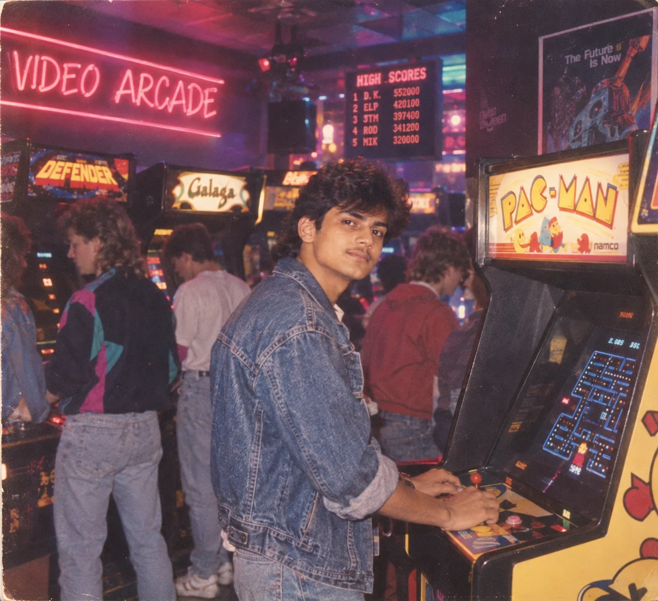 1980s arcade night with neon lighting, classic arcade cabinets, and VHS-inspired photographic texture