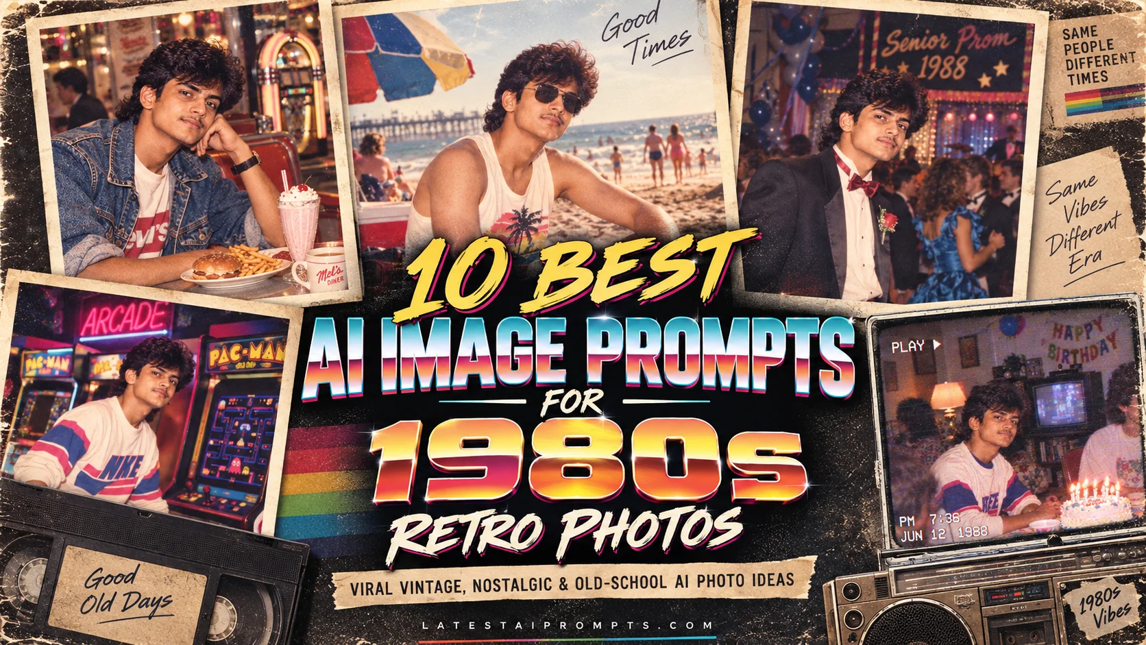 1980s retro AI photo collage featuring vintage fashion, film photography, neon lights, and nostalgic old-school scenes