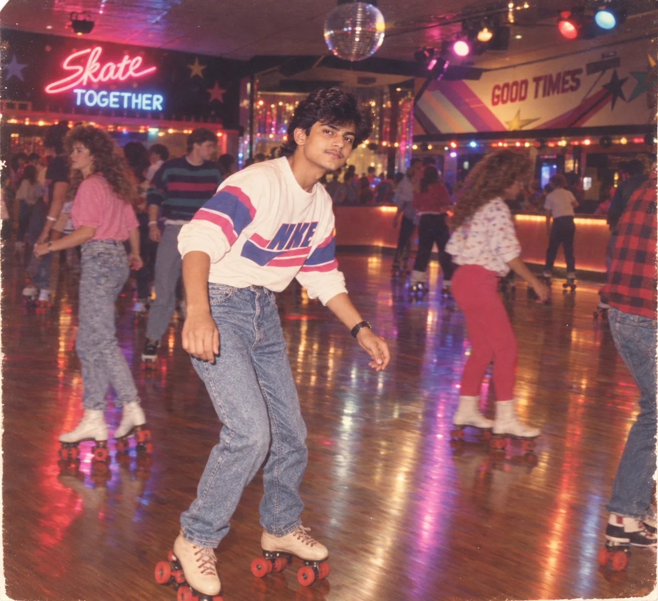Colorful 1980s roller rink scene with retro fashion, disco lighting, and vintage film grain
