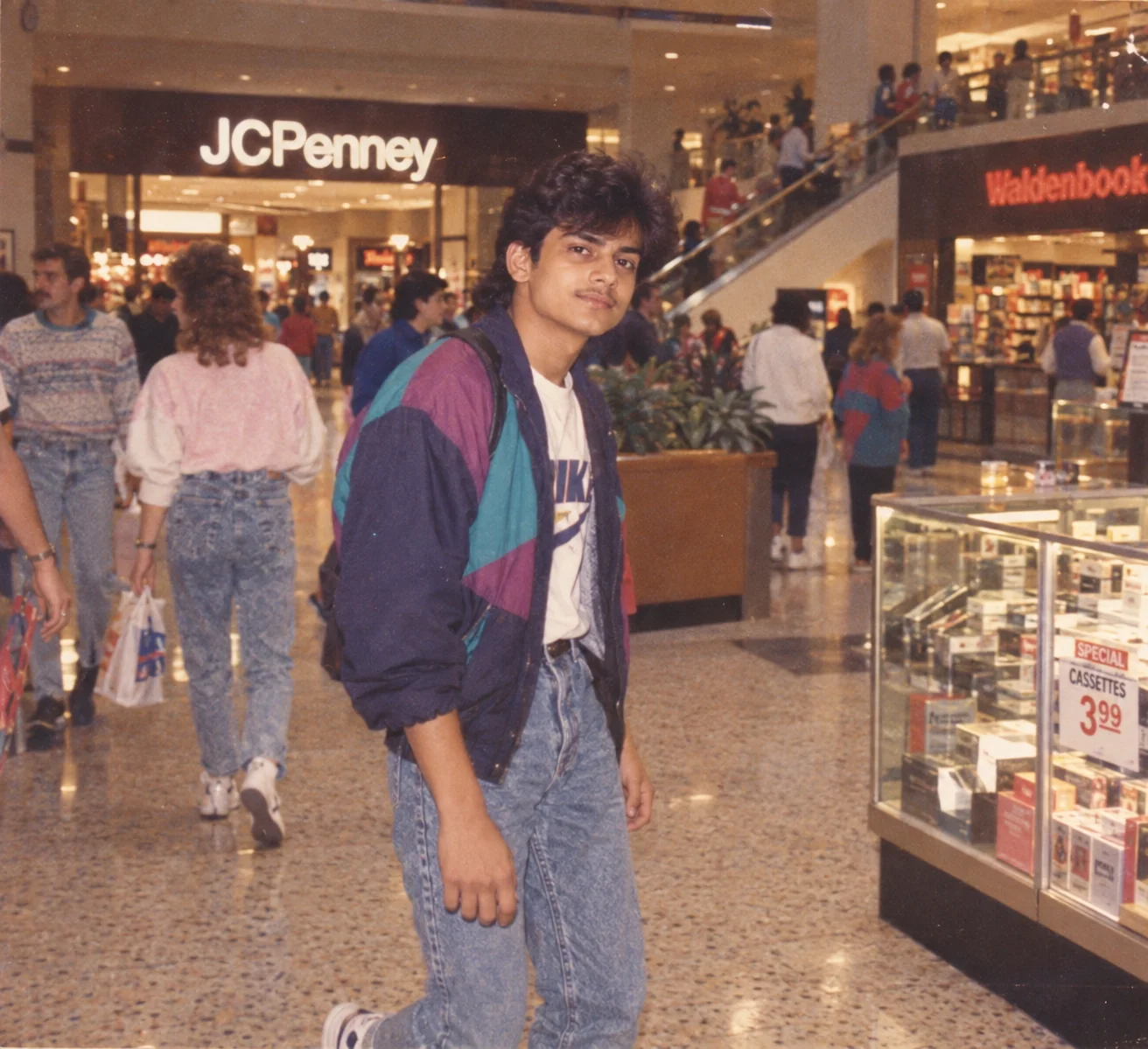 1980s American shopping mall scene with retro fashion, colorful storefronts, and analog film texture