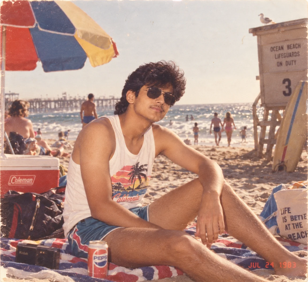 1980s summer beach vacation photo with vintage swimwear, analog film colors, and nostalgic sunlight