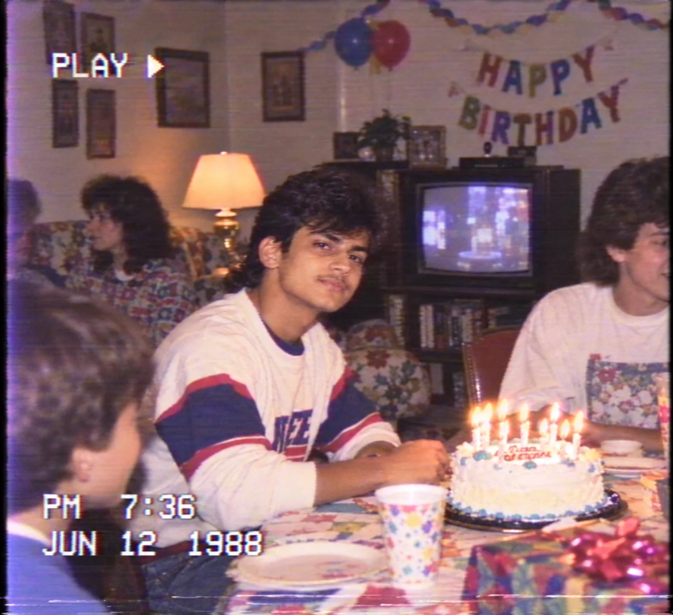 1980s VHS camcorder still with analog scan lines, color bleed, and nostalgic home-video texture