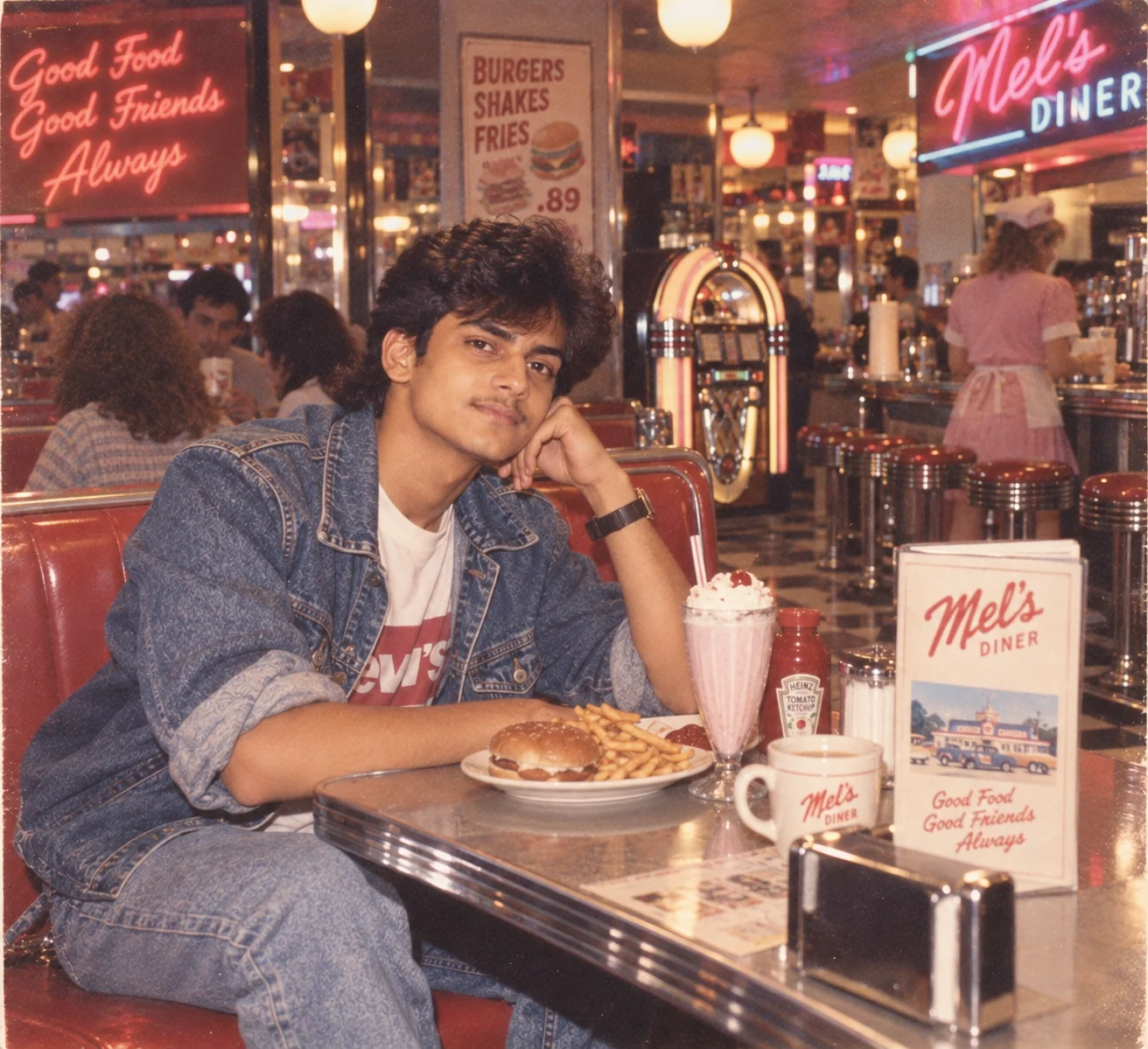 Nostalgic 1980s American diner photograph with chrome details and vintage analog film look