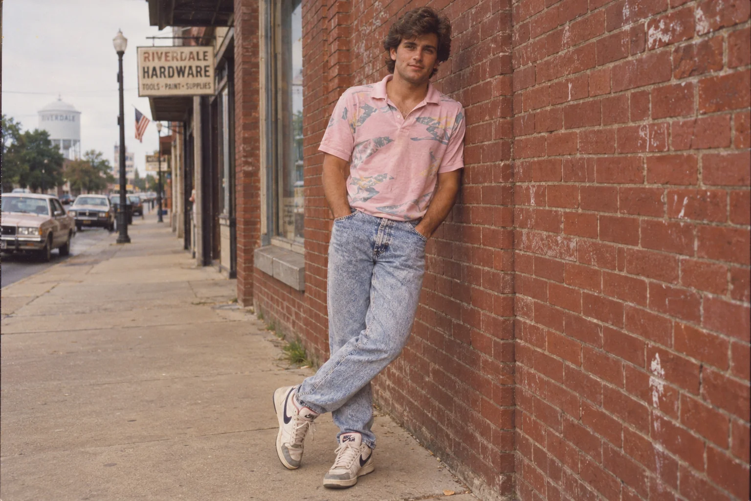 Advanced 80s AI photo prompt — 1980s casual men wardrobe era lock with acid-washed denim and authentic Nike Air sneakers