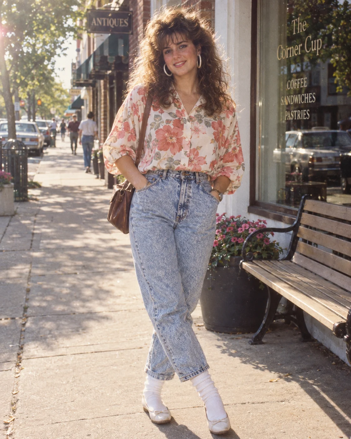 Advanced 80s AI photo prompt — 1980s casual women wardrobe era lock with high-waist jeans, crimped hair and frosted lipstick