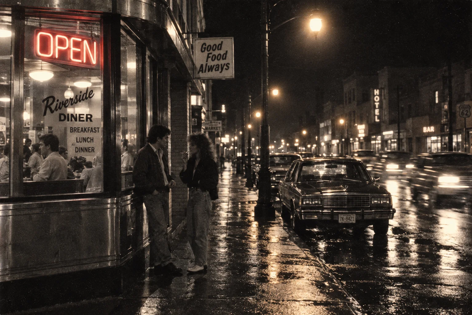 Advanced 80s AI photo prompt — 1985 night scene with neon diner signage and sodium vapour street lamps and Kodak Tri-X grain