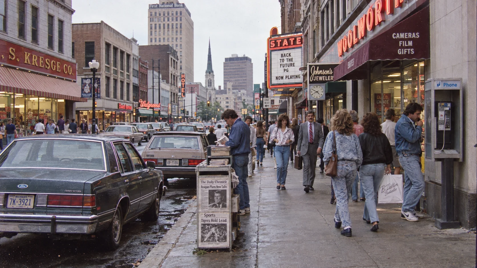 Advanced 80s AI photo prompt — 1987 American street scene with era-locked background removing all modern LED and post-1989 vehicles