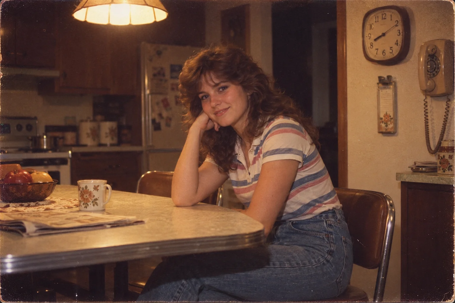 Advanced 80s AI photo prompt result — Kodacolor II kitchen portrait with tungsten lighting and authentic 1983 film grain