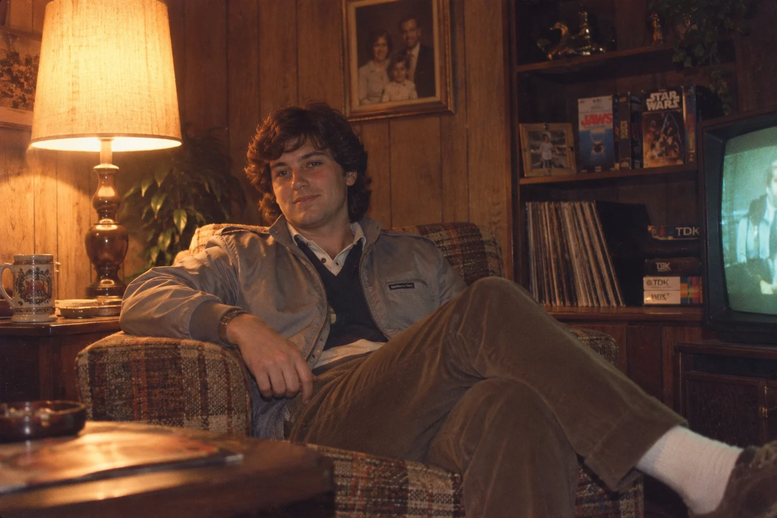 Advanced 80s AI photo prompt — tungsten floor lamp interior portrait with CRT television glow and wood-panelled wall