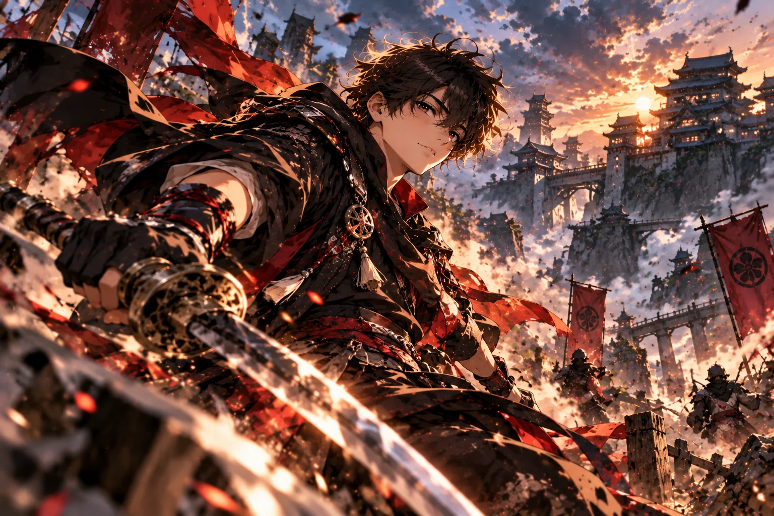 Dynamic action anime hero portrait with dramatic lighting and motion