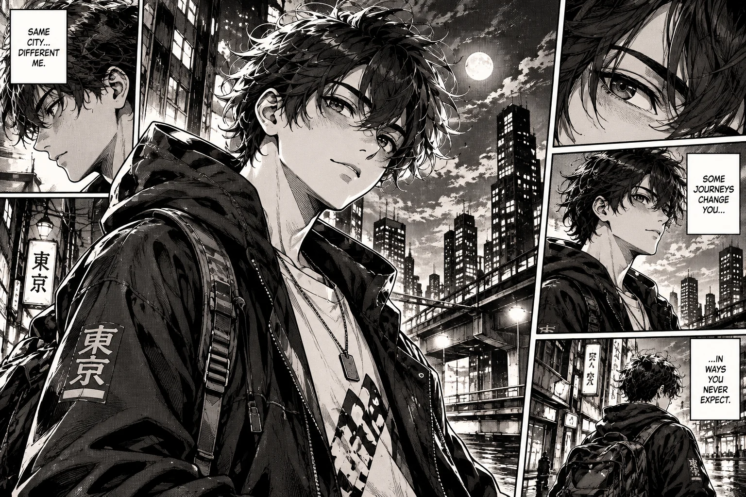 Anime manga panel portrait with expressive eyes and dynamic composition