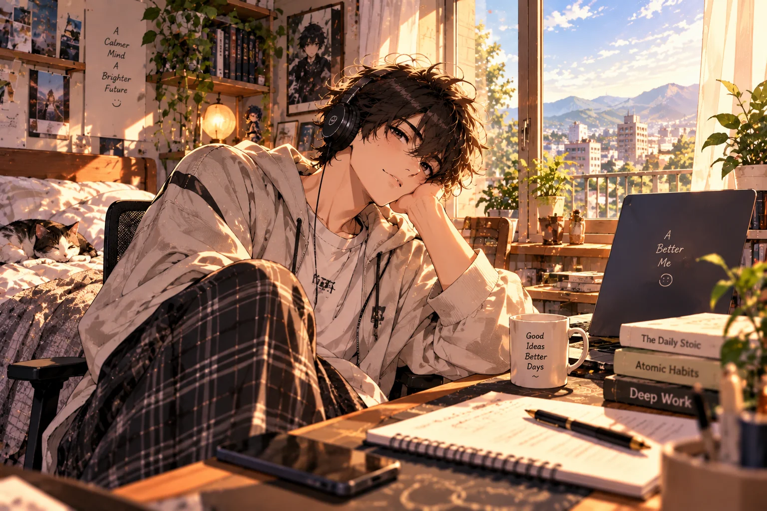 Cozy slice-of-life anime character in a warm bedroom with soft morning light