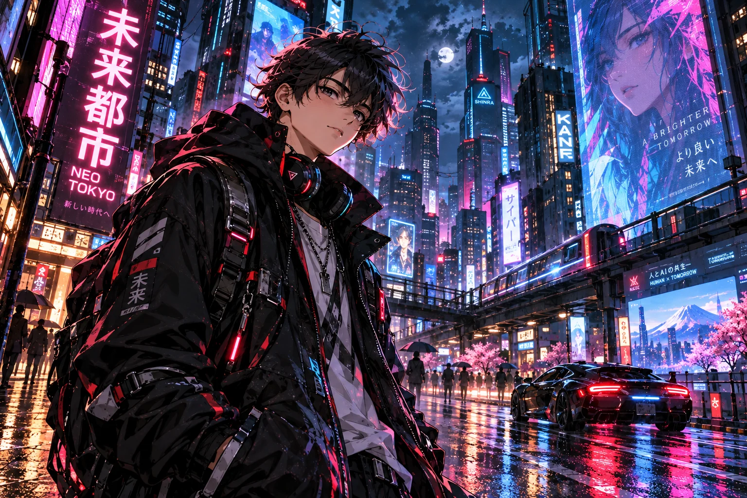 Cyberpunk anime character in a neon-lit futuristic city