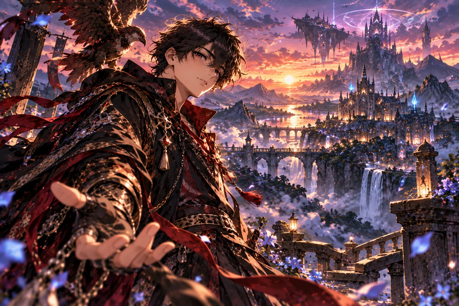 Fantasy anime character portrait in a magical landscape with cinematic lighting