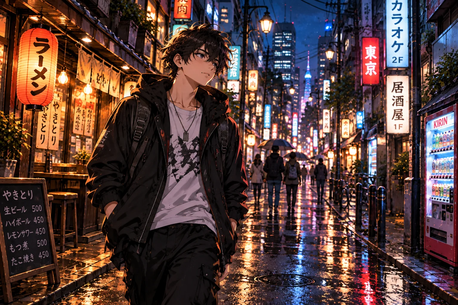 Anime character walking through a colorful Japanese street at night