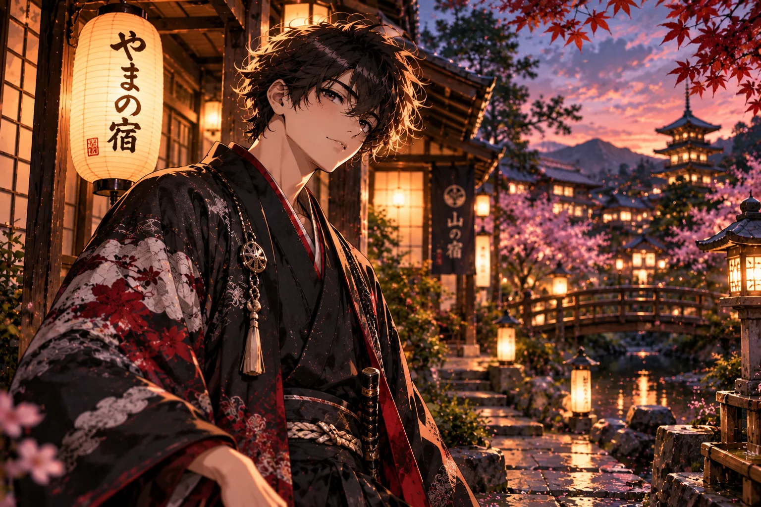 Anime-inspired portrait in a traditional Japanese setting with warm lantern lighting