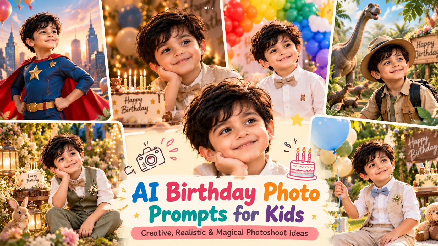 Colorful birthday photoshoot featuring a smiling child, pastel balloons, a decorated birthday cake, and professional portrait lighting