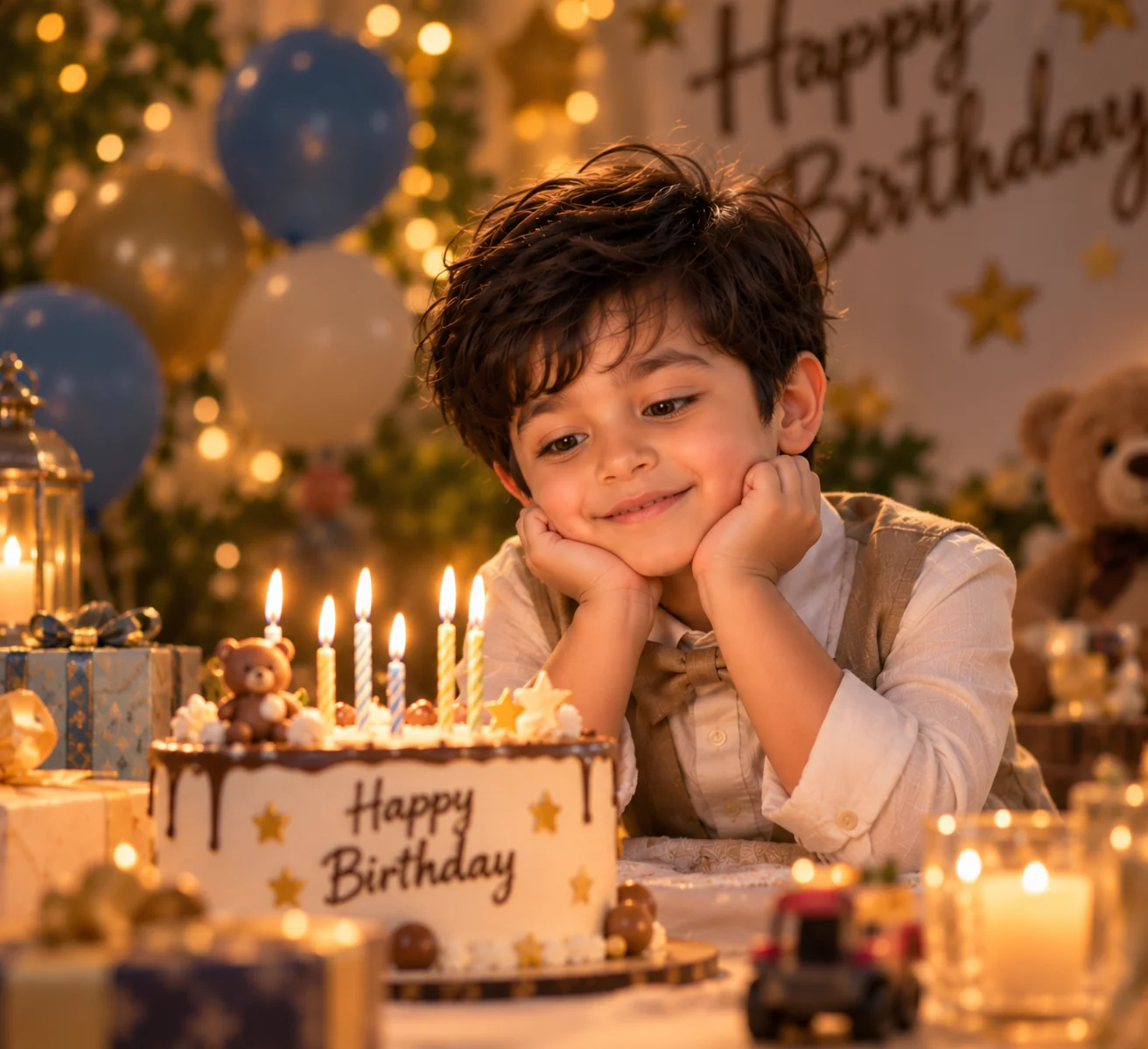 Cinematic birthday portrait of a child beside a birthday cake with warm candlelight, soft shadows, and a cozy celebratory atmosphere