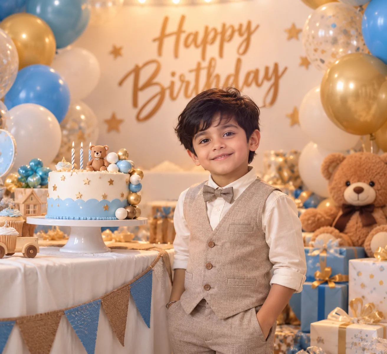 Professional birthday studio portrait of a smiling child surrounded by colorful balloons and elegant birthday decorations