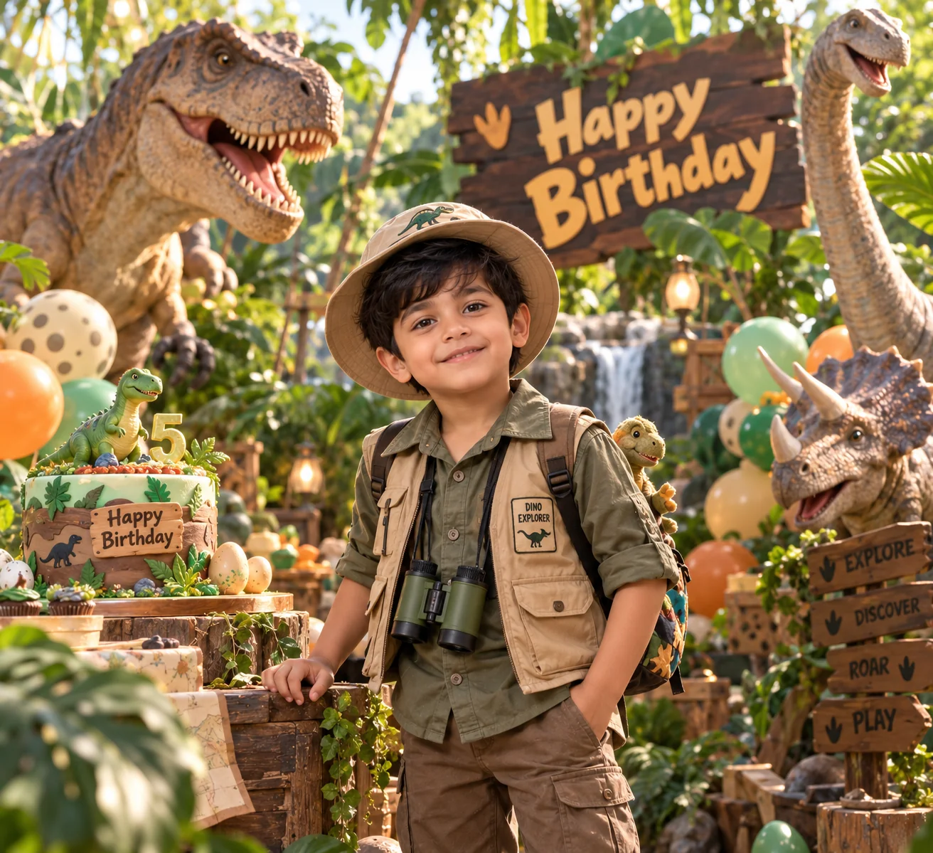 Playful dinosaur-themed birthday portrait of a child in an outdoor prehistoric-inspired setting with friendly dinosaurs and colorful party decorations