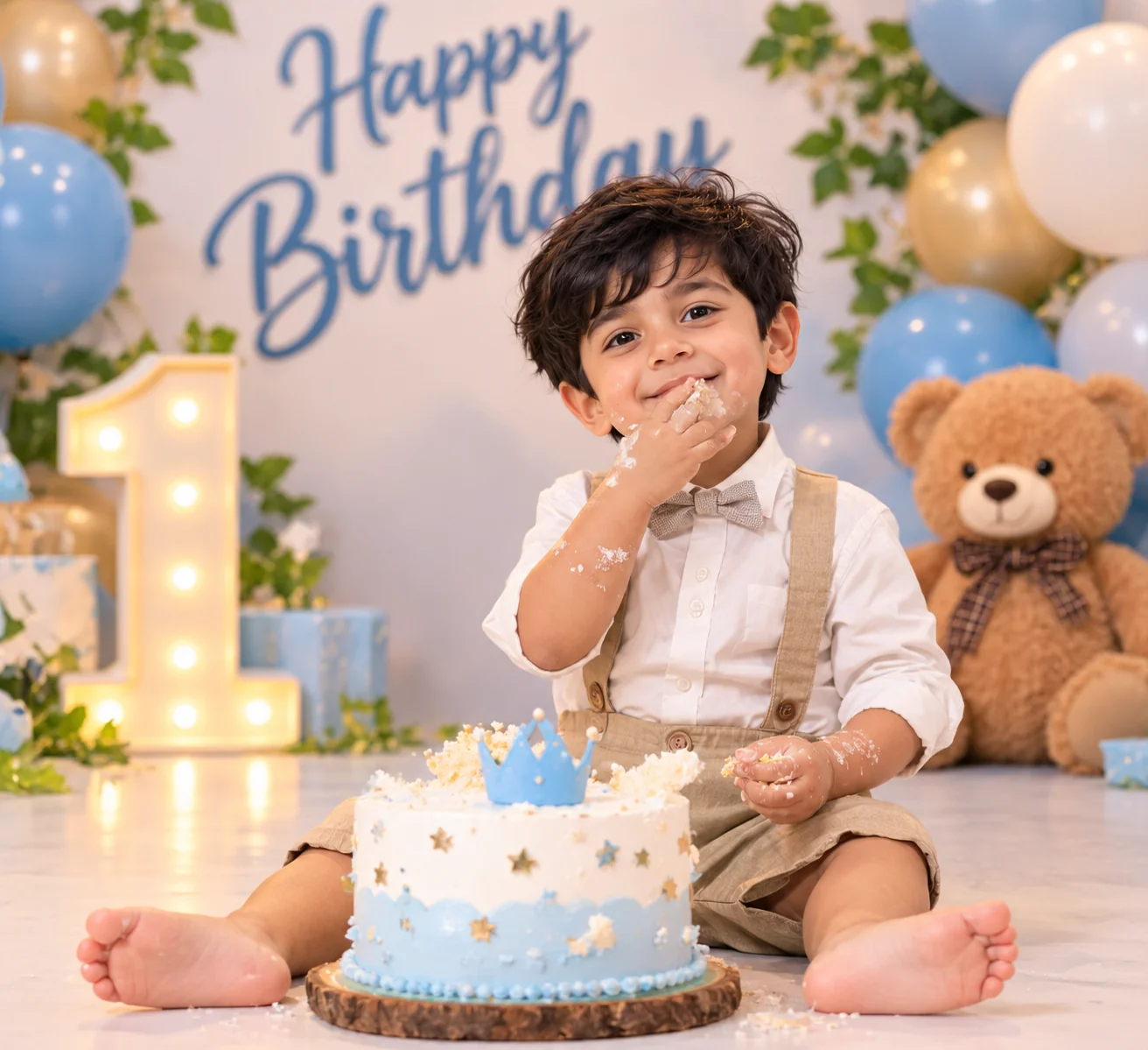 First birthday cake smash portrait of a baby seated safely beside a small decorated cake in a bright pastel studio setting