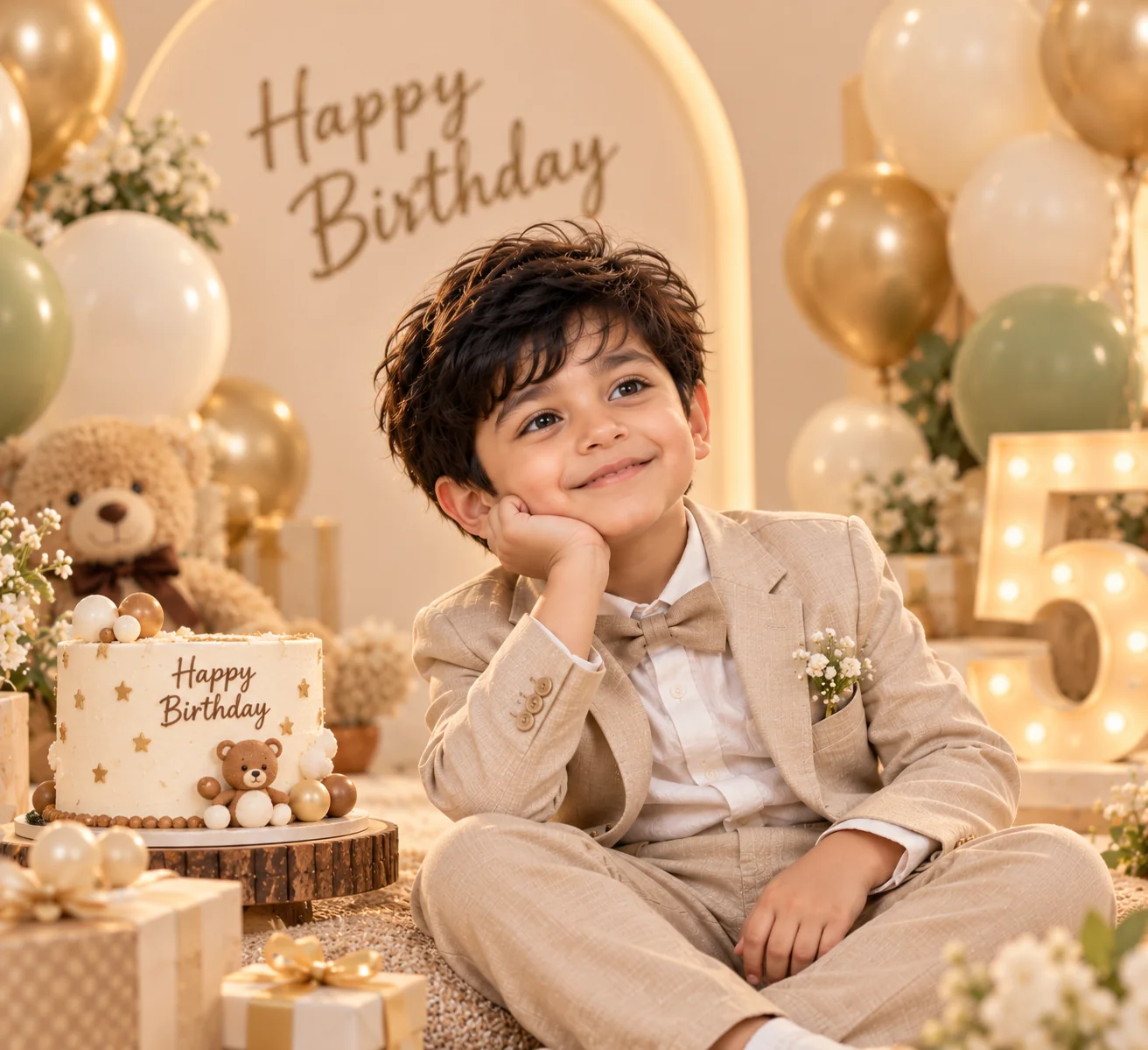 Elegant editorial birthday portrait of a child in refined party clothing with sophisticated neutral decorations and polished studio lighting