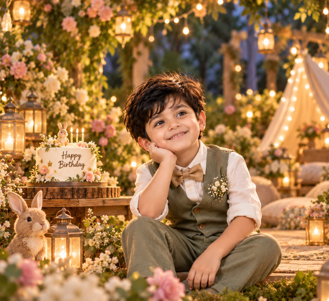 Whimsical storybook birthday portrait of a child in a magical garden with glowing lanterns, delicate flowers, and a beautifully decorated birthday table