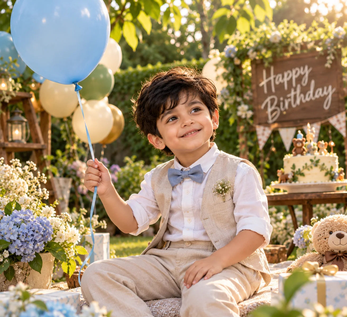 Natural outdoor birthday portrait of a child in a garden with flowers, colorful balloons, and soft golden afternoon sunlight