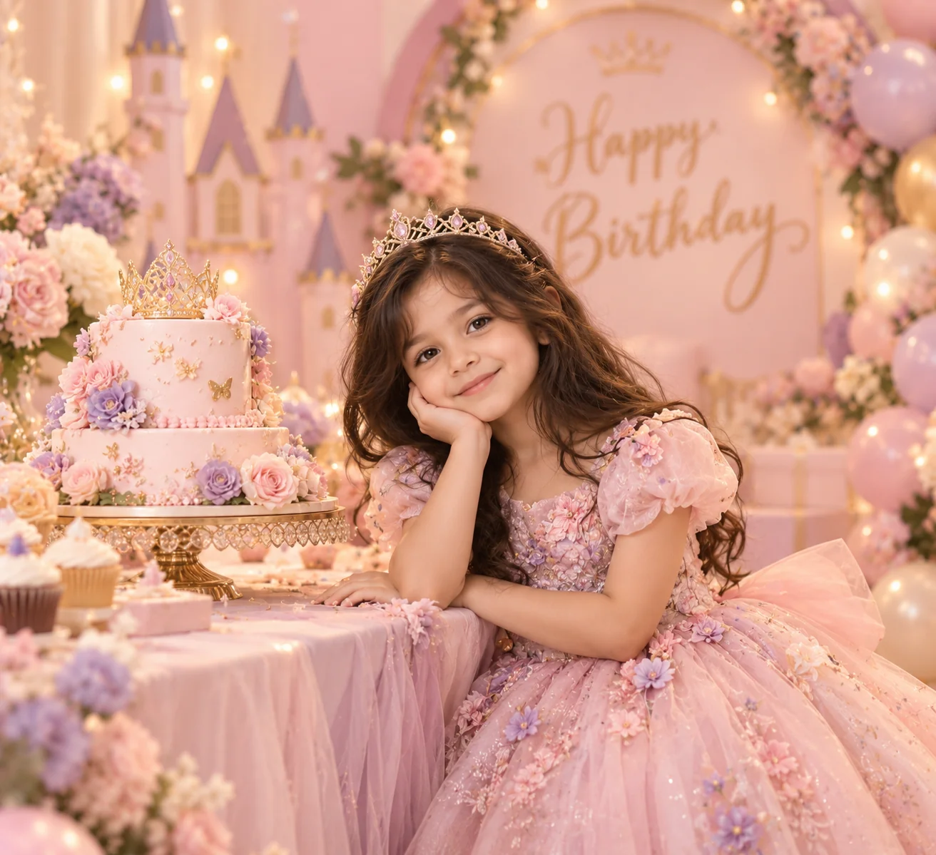 Whimsical pastel princess birthday portrait of a child in an elegant age-appropriate dress with soft pink decorations and gentle studio lighting