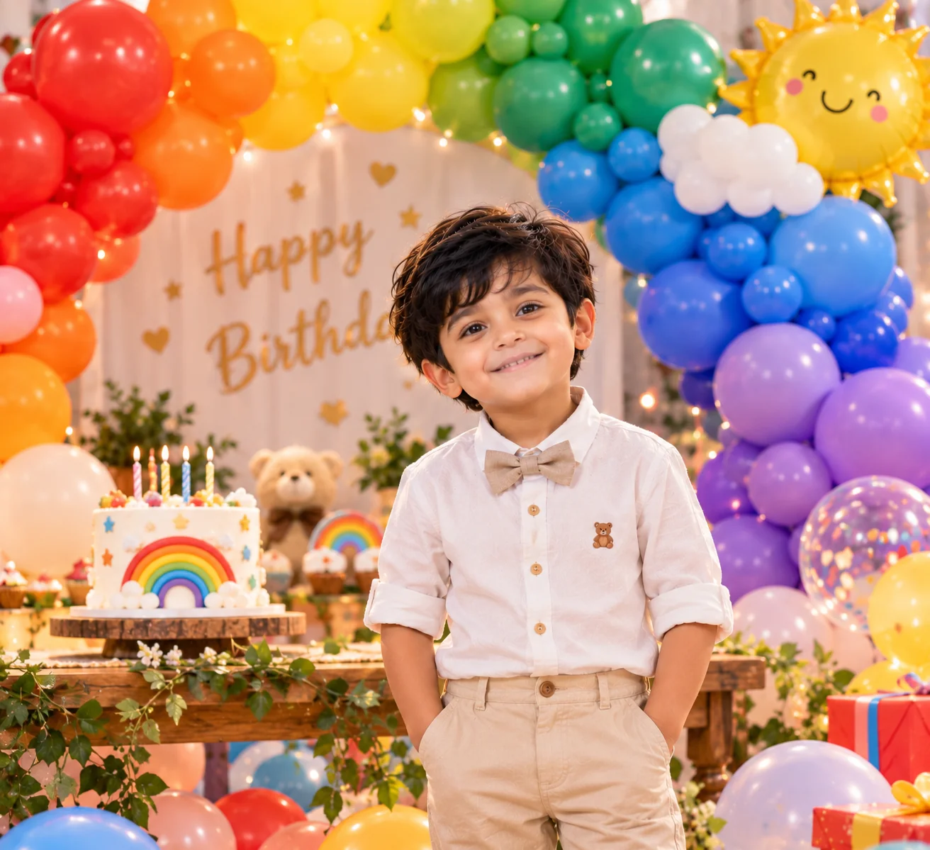 Colorful birthday portrait of a child surrounded by a rainbow balloon installation with vibrant decorations and bright professional photography lighting