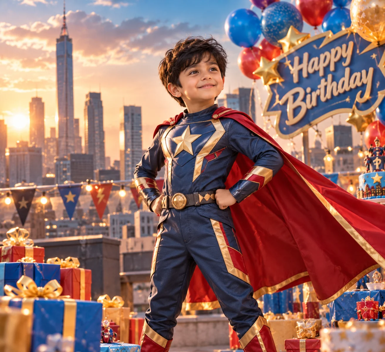 Playful superhero-inspired birthday portrait of a child wearing a colorful original costume against a dynamic comic-style city backdrop
