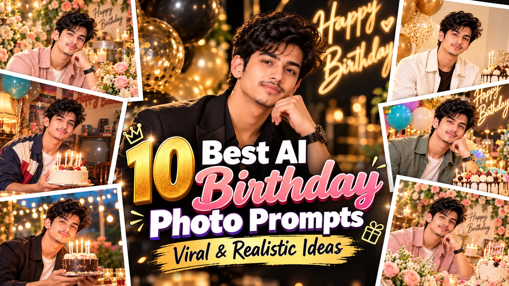 AI birthday photo prompts showing a realistic luxury birthday portrait with cake, balloons, and cinematic lighting