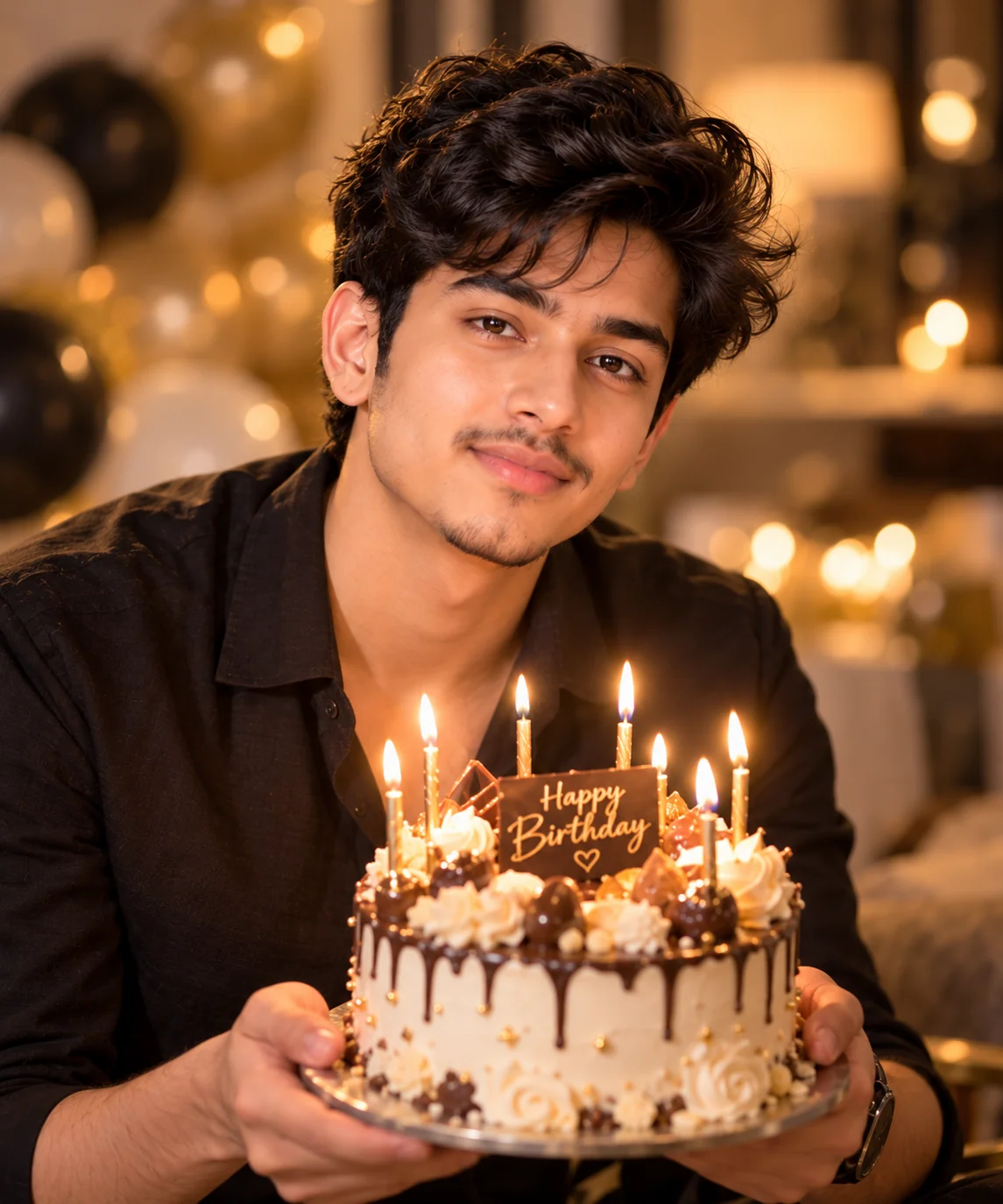 Close-up realistic AI birthday portrait with a decorated cake and glowing candles