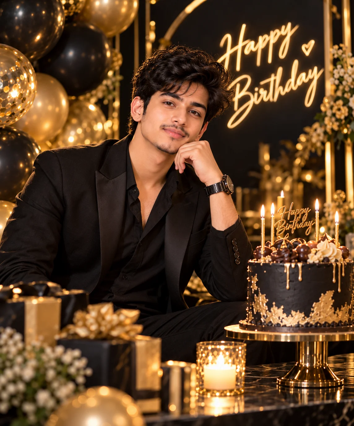 Black and gold AI birthday editorial portrait with luxury styling and dramatic lighting