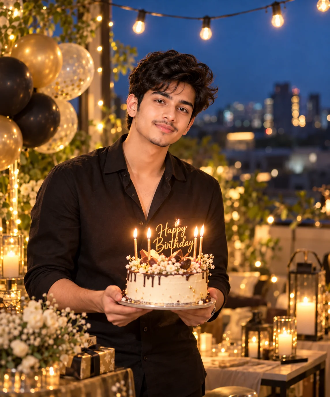 Cinematic AI birthday portrait at night with candles, warm lights, and a stylish celebration setting