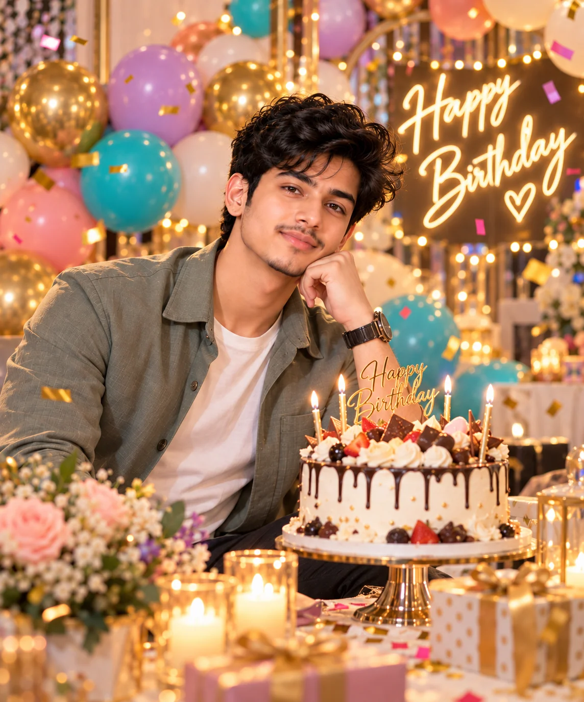 Colorful AI birthday party portrait with balloons, confetti, cake, and joyful lighting