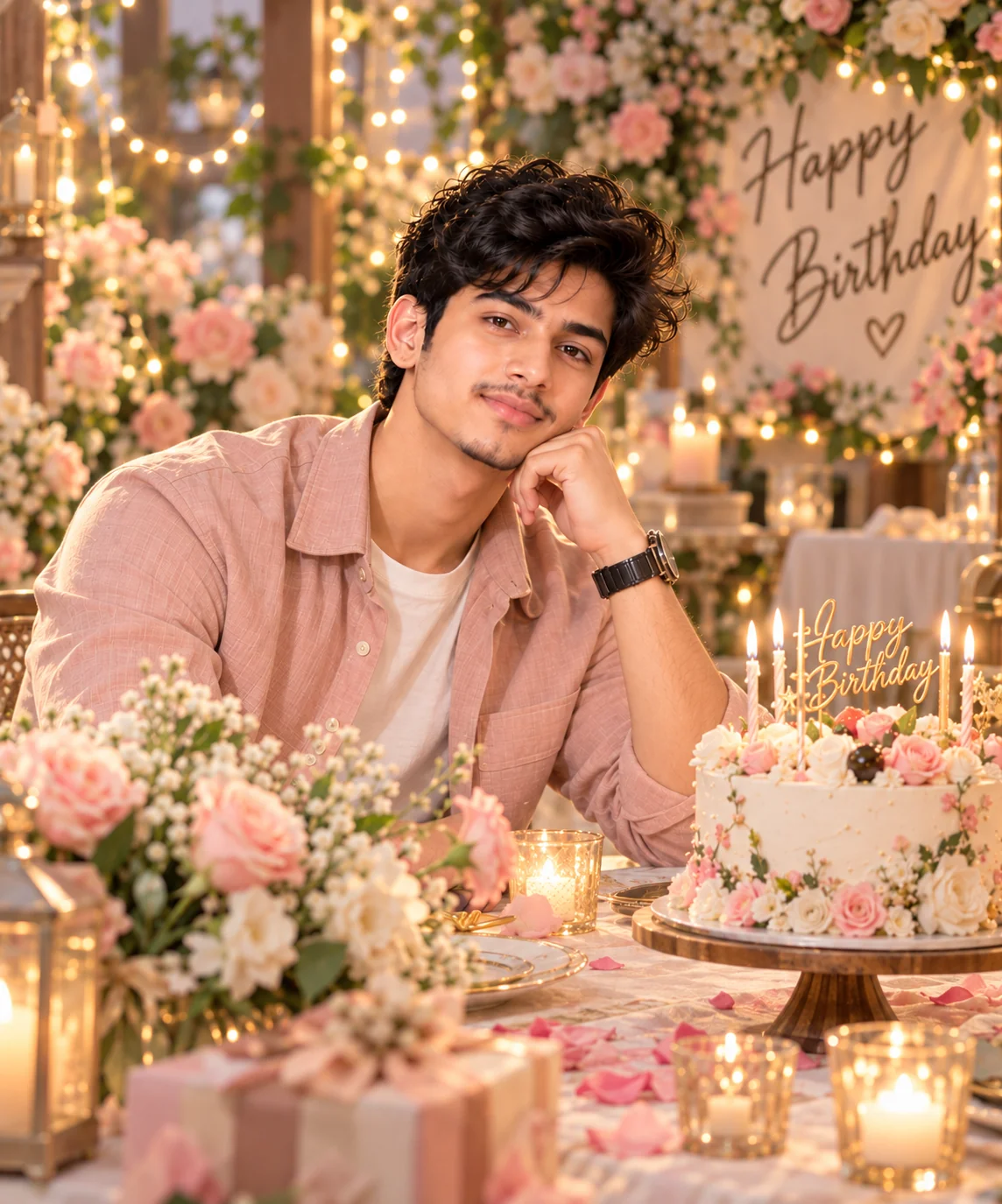 Dreamy AI birthday portrait with flowers, elegant cake, soft lighting, and romantic styling