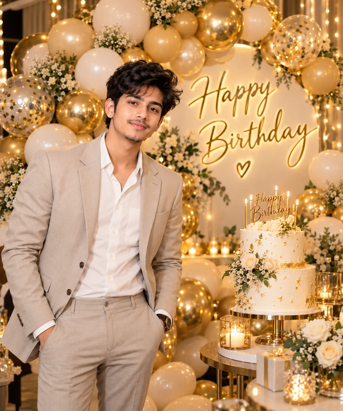 Realistic AI birthday celebration portrait surrounded by gold and cream balloons