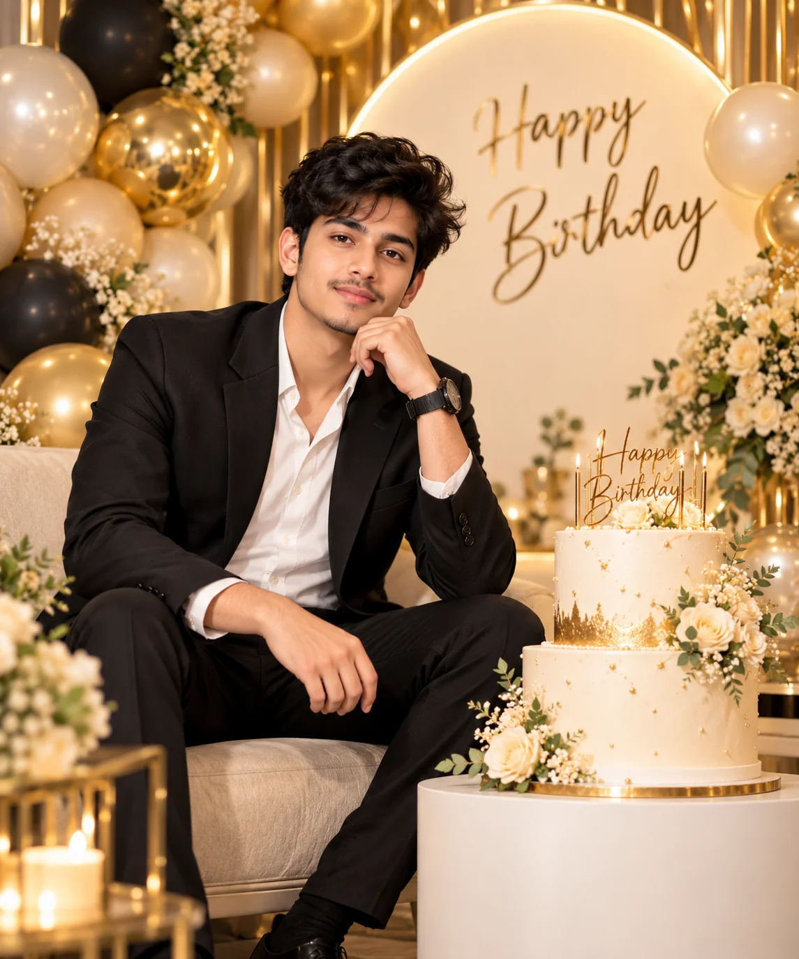 Luxury AI birthday studio portrait with an elegant outfit, birthday cake, balloons, and soft professional lighting