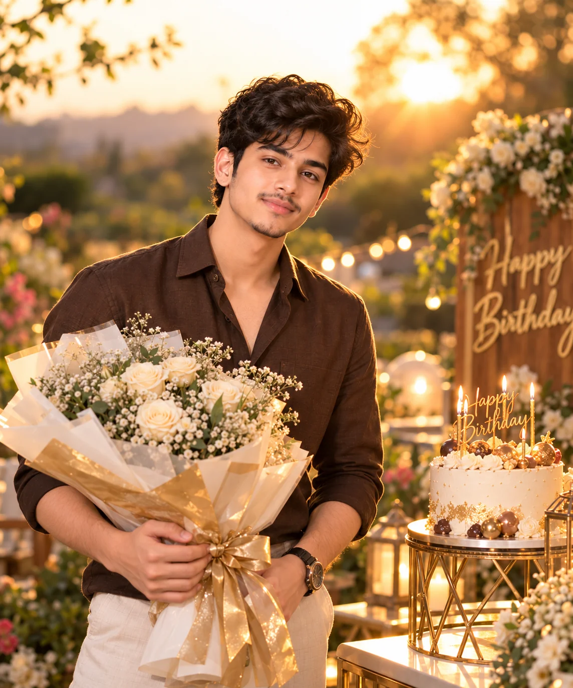 Outdoor AI birthday photoshoot during golden hour with warm sunlight and natural scenery