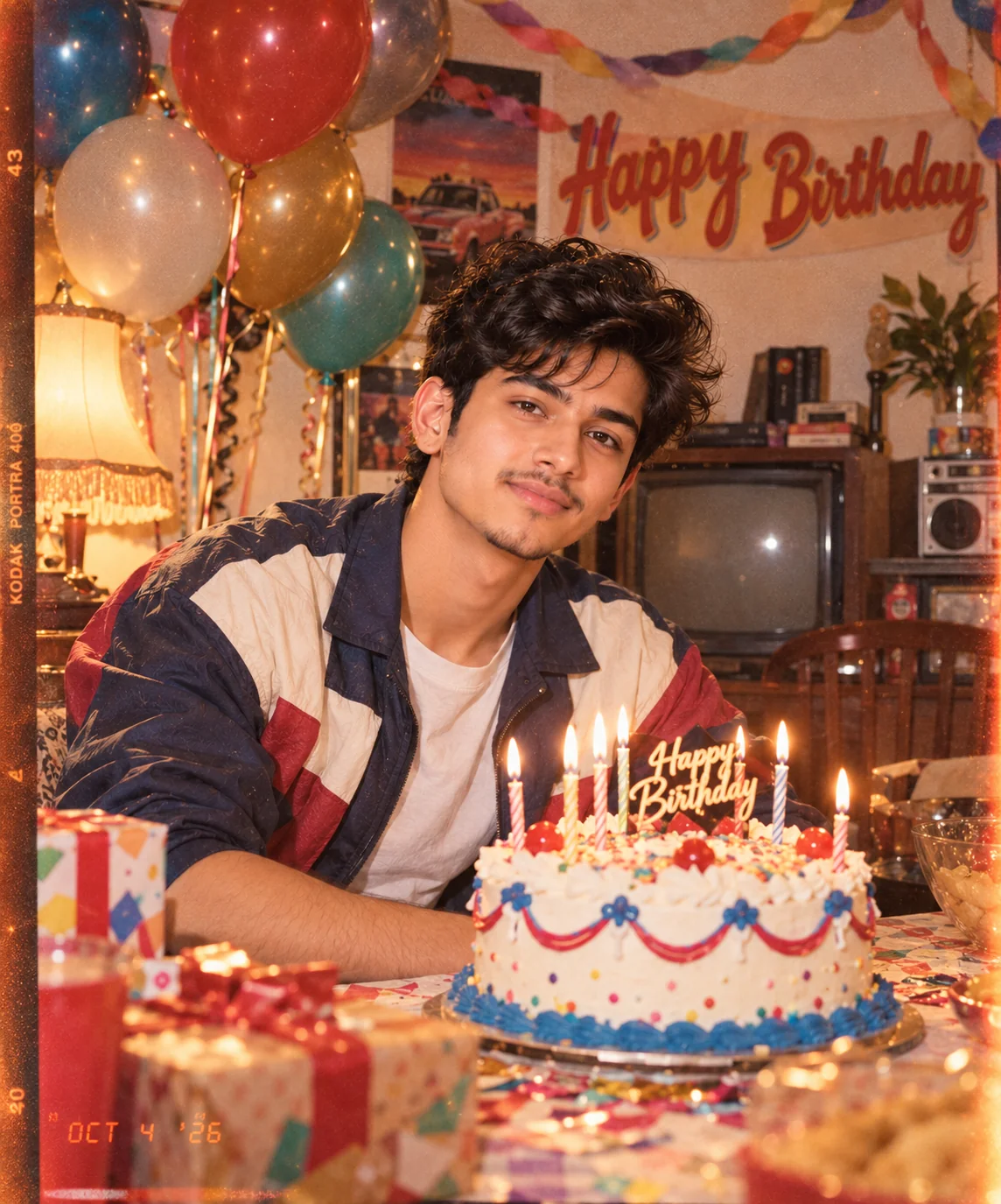 Retro-inspired AI birthday photoshoot with vintage colors, cake, balloons, and nostalgic photography