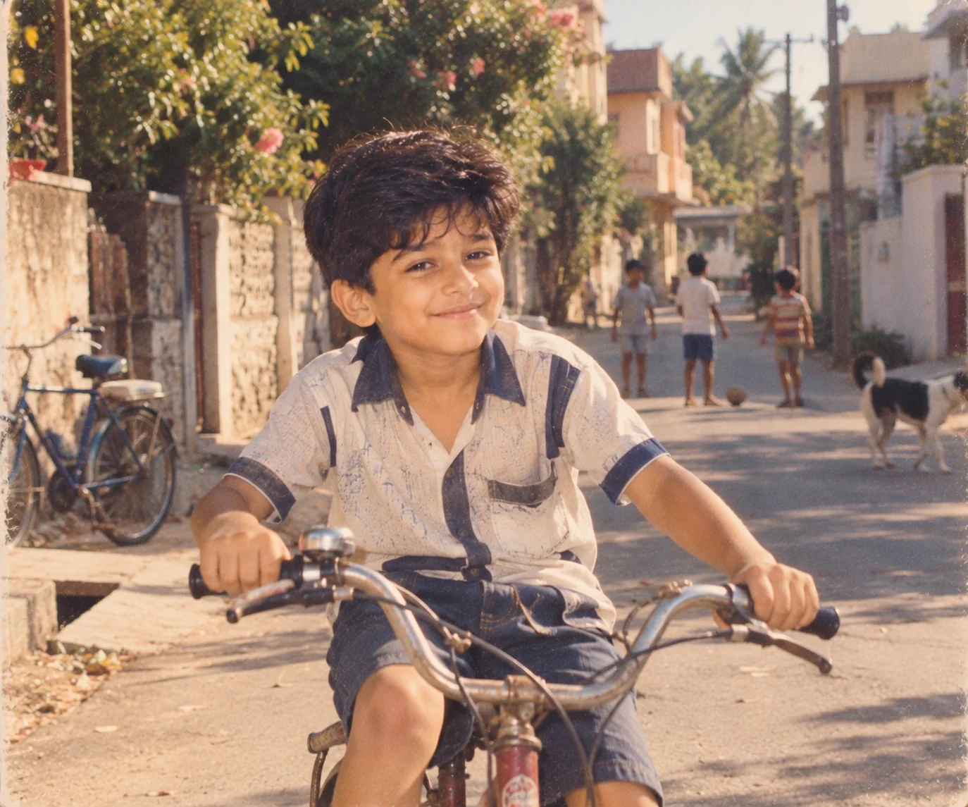 1990s-inspired AI childhood street photograph with nostalgic film colors and realistic neighborhood details