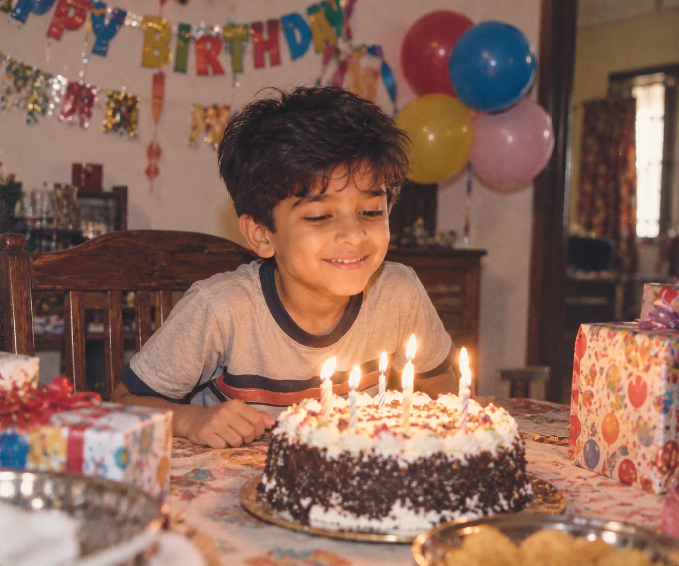 Nostalgic realistic AI childhood birthday photograph with cake, balloons, and family-home setting